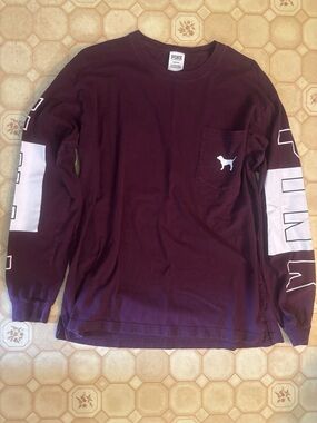 PINK Victoria's Secret Maroon Long Sleeve Pocket Tee with White Logo